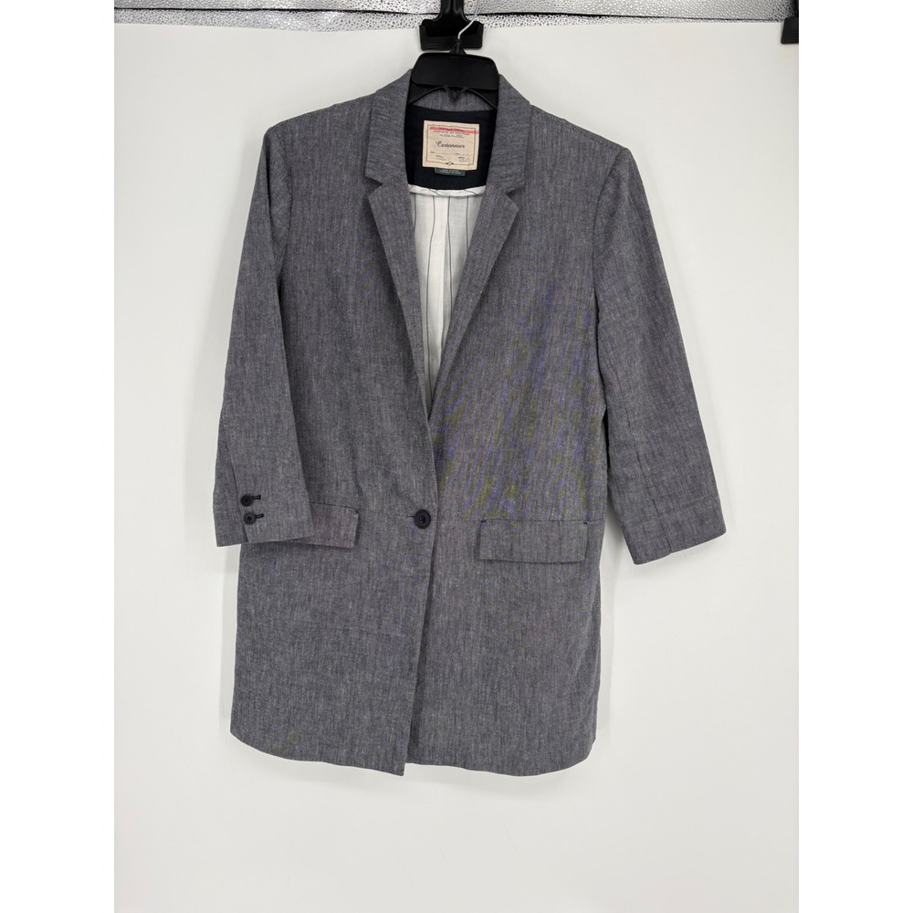 Cartonnier Blazer Womens L Grey Longline Single Button 3/4 Sleeve Textured Coat